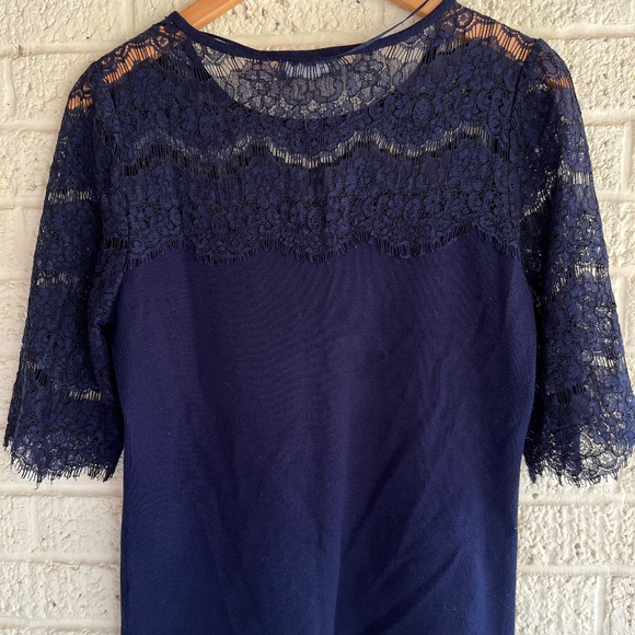 Navy Blue 3/4 Length Lace Sleeve Shirt - Picture 5 of 6